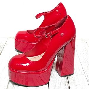 New Red Patent Mary Jane Platform Chunky Heel Pumps